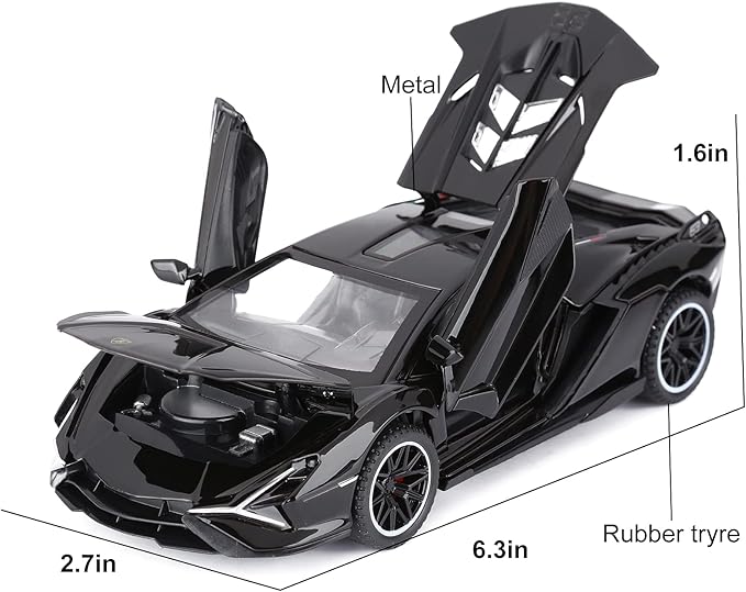 SASBSC Lamb Toy Cars for Kids Sian Diecast Metal Model Car with Light and Sound Fkp3 Pull Back Toy Car for Boys Age 3 + Year Old (Black)
