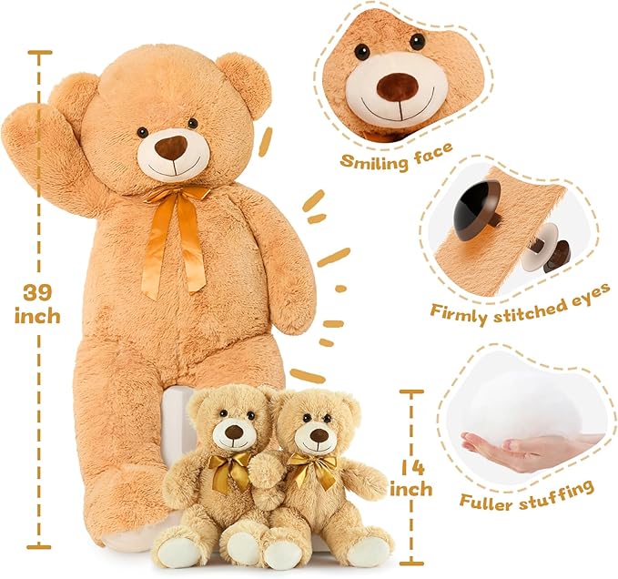 MorisMos 39" Giant Teddy Bears with Babies, Large Mom and 2 Baby Bears for Baby Shower, Big Stuffed Plush for Kids, Brown