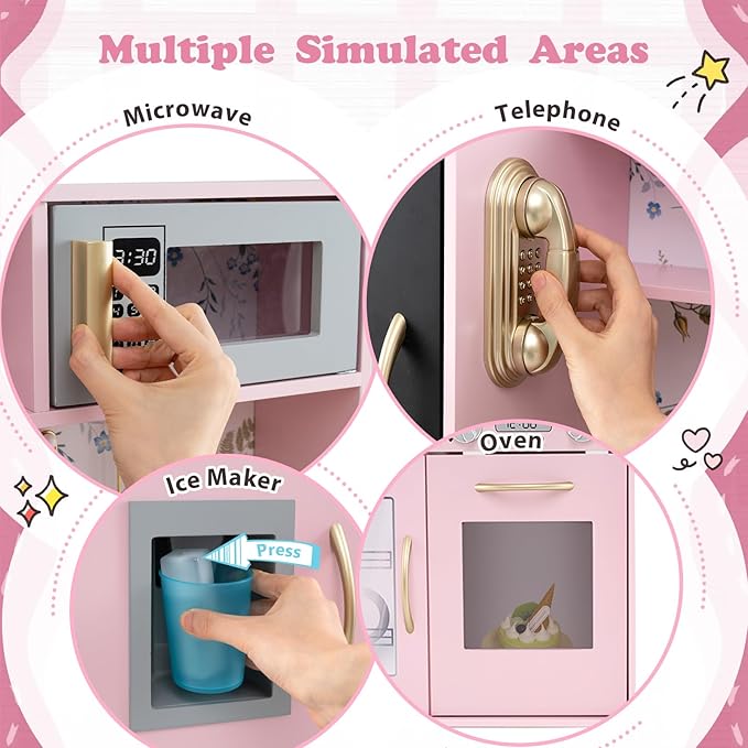 Costzon Kids Kitchen Playset, Wooden Pretend Cooking Toy Set w/Sound, Large Blackboard, Telephone, Microwave, Ice Maker, Dishwasher, Oven, Storage Space, Play Kitchen for Kids Ages 3+ (Light Pink)