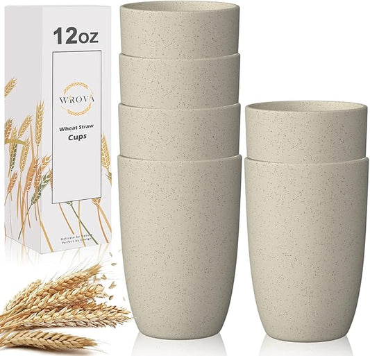 Wheat Straw Cups 6 PCS Good Alternative to Plastic Reusable Cups 12 oz Unbreakable Drinking Cup Reusable Dishwasher Safe Water Plastic Glasses Beige