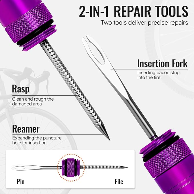 BWSHLF Tubeless Bike Tire Repair Kit for Mountain Bikes & Road Bicycles, Tubeless Tire Plug Kit with Storage Canister, Reamer, Insertion Fork, 10 Bacon Strips, Fix a Puncture or Flat, No Glue Needed