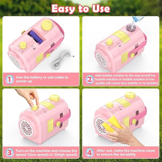 Bubble Machine Large Capacity, Automatic Kids Bubble Blower with 10 Holes 2 Speeds 17oz/500ml, Rechargeable Portable Bubble Toy with Tripod for Indoor, Outdoor, Birthday, Parties (Pink)