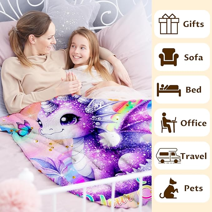 Personalized Blankets for Girls, Dragon Throw Blanket Gift for Girls Age 6-8 Kids Teens, Custom 50"x40" Soft Flannel Lightweight Throws Throws for Couch Sofa
