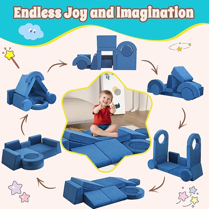 13Pcs Modular Kids Play Couch Toddler Couch Kids Sofa Playroom Furniture Convertible Foam and Floor Cushion Highly Elastic Foam for Boys and Girls (Blue)