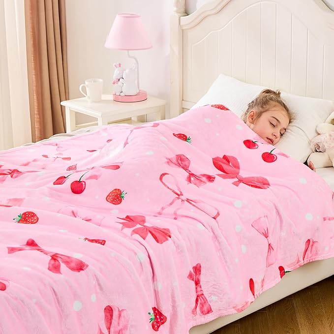 Wajade Strawberry Bow Gifts for Boys Girls - Strawberry Bow Blanket Birthday Christmas Decor for Kids Age 3 4 5 6 7 8 9 10 11 12 Years Old Teens Child Toddler Throw Light Grey 60"x80"