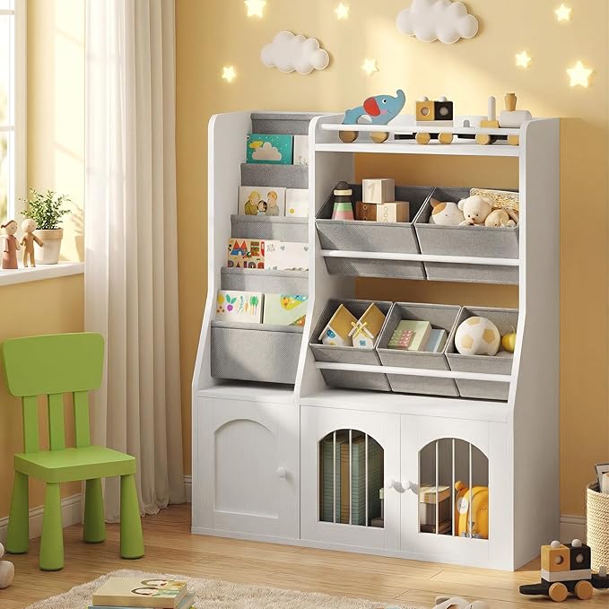 Toy Storage Organizer, Kids Toy Storage with 5 Fabric Drawers and 5-Tier Hanging Bookshelf, Elastic Doors and Guardrail, Bookcase for Bedroom, Nursery, Classroom, White and Gray