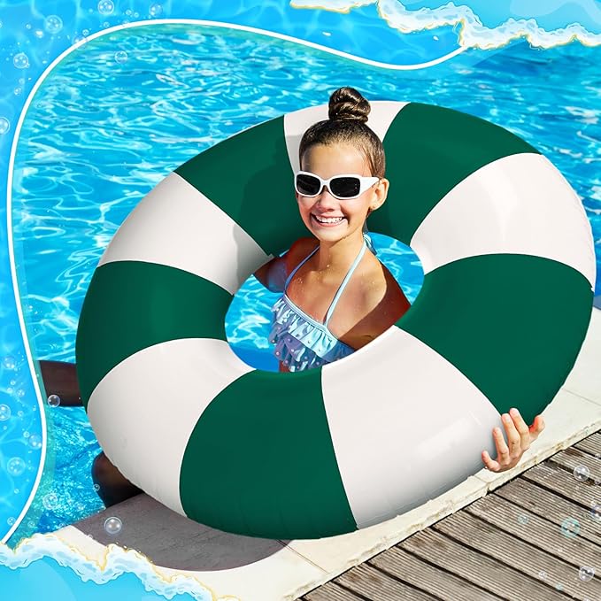 Jumbo Pool Floats 47.24 Inch Large Swimming Ring Dark Green Striped Rings Inflatable Tube for Adult Swimming Pool Summer Beach Bachelorette Wedding Party Decor Supplies