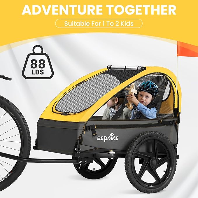 Sepnine Kids Bike Trailer, Suitable for 1 to 2 Kids, 12+ Months, Quick Attach to Bike, Foldable, with 5-Point Harness and Storage Bags