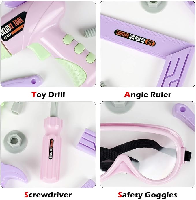 Pink Kids Tool Set (18 PCS) Pretend Play Construction Kit with Tool Box & Manual Drill
