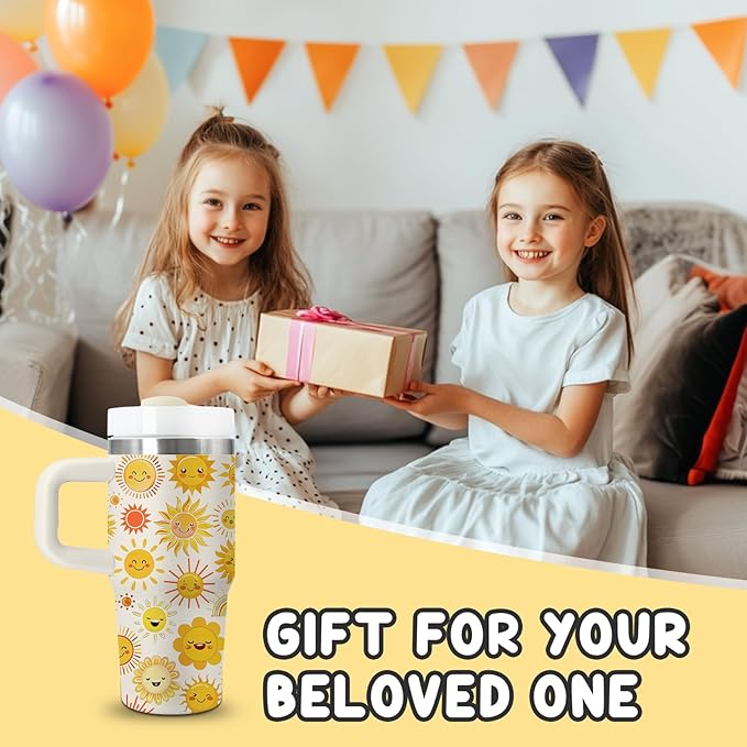 Sunshine Gifts - 14 Oz Yellow Kids Sun Tumbler with Handle and Straw, Stainless Steel Insulated Water Bottle, for Sports, School, Travel - Funny Sunshines Themed Children Birthday Gift Cup(1pc)