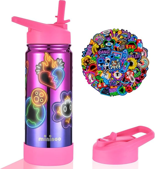 Mininoo Kids Water Bottle, Girls Water Bottles for School, 16oz Metal Water Bottle Kids with Straw Lid