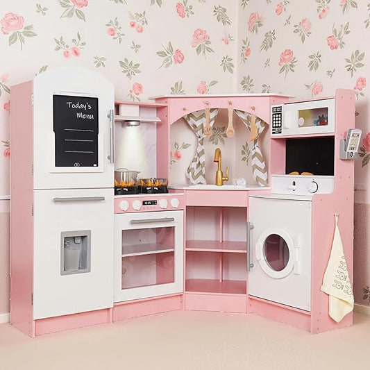 Large Wooden Corner Play Kitchen Sets with Ice Maker,Water Dispenser,Bread Maker,Washing Machine,Electronic Display,Toy Sink with Running Water,Stove with Light&Sounds, Birthday Gift for 3+ (Pink)