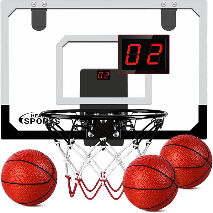 AOKESI Indoor Basketball Hoop for Room with Electronic Scoreboard - 17" x 12.5" Mini Over The Door Basketball Toys Gift for 5 6 7 8 9 10 11 12 Year Old Boys, Men and Adults