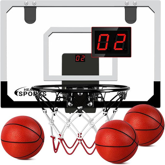 AOKESI Indoor Basketball Hoop for Room with Electronic Scoreboard - 17" x 12.5" Mini Over The Door Basketball Toys Gift for 5 6 7 8 9 10 11 12 Year Old Boys, Men and Adults