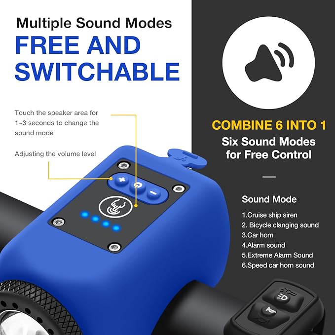 Bike Horn, Bicycle Horn with Large Range Floodlight, IPX5 Waterproof with USB Rechargeable Bike Electronic Horn