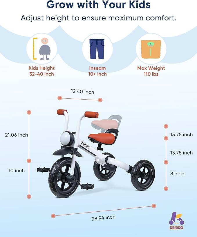 KRIDDO 2-in-1 Kids Balance Bike and Kids Tricycle for 2 to 5 Year Old, Toddler Balance Bike with Detachable Pedals, Tricycles for 3-5 Year Olds with Stitched Soft Grip, White