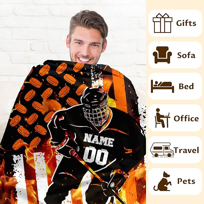 Personalized Name Blanket for Boys, Ice Hockey Throw Blanket Gift for Kids Teens Ice Hockey Lovers, Custom 50x40 Inches Sport Blankets for Couch Sofa Bed