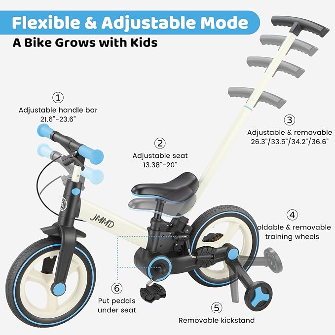 JMMD Toddler Bike with Push Handle for Kids 18-60 Months, 6 in 1 Foldable Push Bike with Training Wheels, Pedals, Brakes, Kickstand, Kid Balance Bike Gift & Toys for Boy & Girl