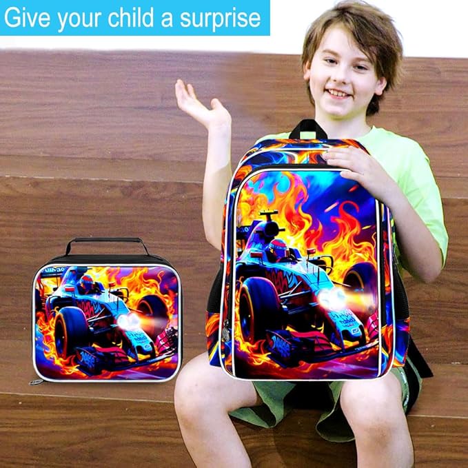 3Pcs Cars Backpack for Boy, 17" Hot Wheels Bookbag for Elementary Preschool Kindergarten, Kids Fire School Backpacks with Lunch Box (Red)