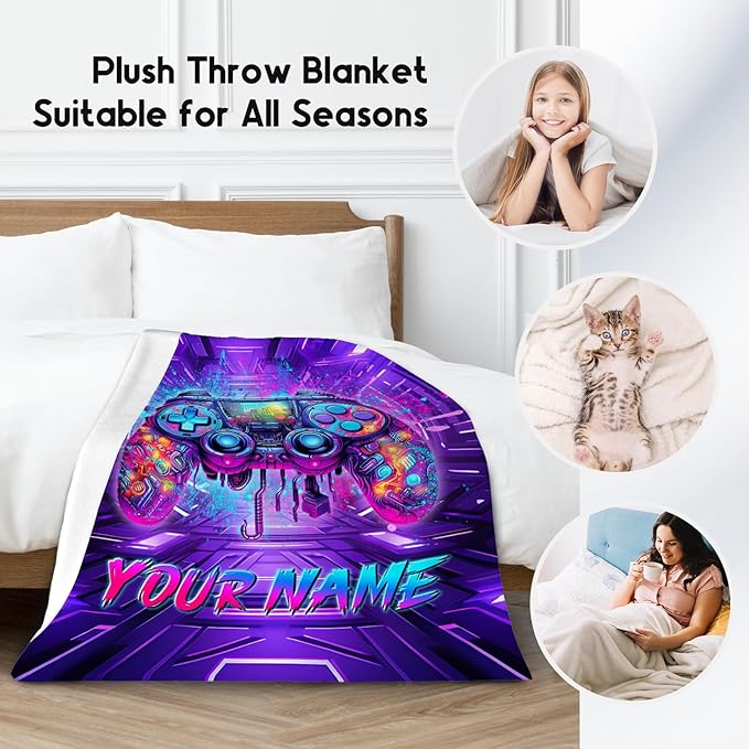 Personalized Gaming Throw Blanket, Gamer Gifts for Boys Teen Adults, Custom Game Blankets Kids Room Decor Gift for Son, 60"x80" Cool Soft Cozy Throws for Bed Living Room
