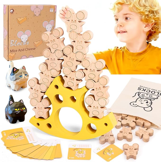 Wooden Cheese Mice Stacking Blocks Balancing Game for Kids of All Ages, Enhances Creativity Hand Eye Coordination Patience and Focus, Includes Storage Bag for Fun Family Play and Gifts