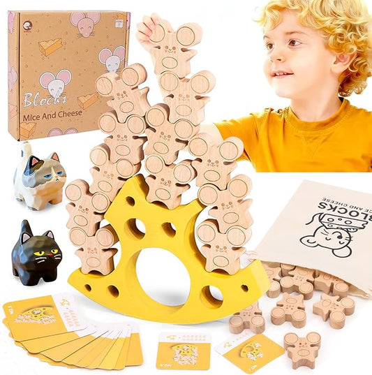 Wooden Cheese Mice Stacking Blocks Balancing Game for Kids of All Ages, Enhances Creativity Hand Eye Coordination Patience and Focus, Includes Storage Bag for Fun Family Play and Gifts