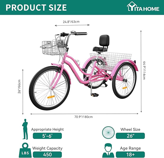 YITAHOME 24 & 26 Inch Adult Tricycle, 1 & 7 Speed 3 Wheel Bikes, Large Seat with Backrest Trike for Adults with Front & Rear Baskets, Cruiser Bike for Seniors Women Men Commute Picnic Outdoor
