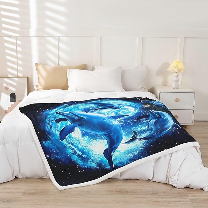 Galaxy Fleece Throw Blanket - Dolphin Sherpa for Sofa, Couch, Bed - Outer Space Psychedelic Swirl Plush - Ocean Marine Themed Blue Bright Fuzzy - Bedroom Decor - 50x60 Inch