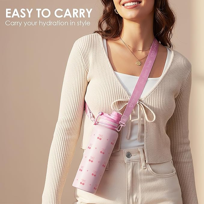 SANDJEST Cherry Stainless Steel Water Bottle with Strap 32oz, Insulated Bottles with Straw and Spout Lid for Gym Sports Travel Outdoor, Gifts for Women Girls Birthday Christmas