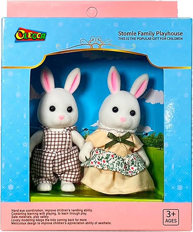 Family White Rabbit Figures — Set of 2 Collectible Flocked Mini Dolls with Removable Clothes, Miniature Dollhouse Pretend Play Figures for Kids Ages 3+