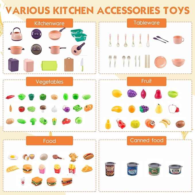 200Pcs Mini Play Kitchen Accessories for Kids, Pretend Cooking Playset with Cookware, Tableware & 2 Fruit Sets, Learning Gift for Girls, Boys, Toddlers, Pink