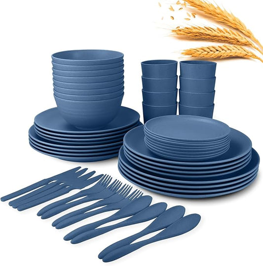 Wrova 64-Piece Service for 8 Dinnerware Set - Unbreakable Wheat Straw Dinnerware sets of 64 - Dinner plates/Snack plates/Cereal bowls/Drinking Cups/Cutlery for Outdoor camping and indoors.Blue
