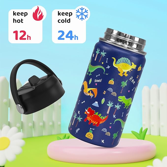 Dinosaur Kids Water Bottle With Straw Lid,14 oz Stainless Steel Travel Bottle,Double Wall Leak Proof Kids Cup,Insulated Tumbler for Toddlers,Metal Bottle for School Boys Girls