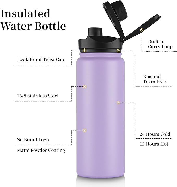 24 oz Insulated Water Bottle with Straw Lid & Wide Mouth Lids, Stainless Steel Sports Water Bottles, Double Walled Vacuum, Leak Proof, Purple