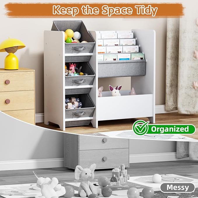 Kids Bookshelf & Toy Storage Organizer, Wooden Montessori Bookcase with Front-Facing Display Shelves and Fabric Bins, Toddler Book Shelf for Playroom, Bedroom & Small Spaces – White