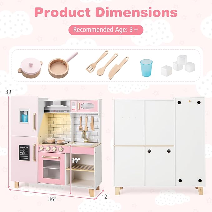 HONEY JOY Kids Kitchen Playset, Wooden Little Girls Toy Kitchen Set with Lights, Ice Maker, Cookware, Range Hood, Stove, Storage Cabinet, Blackboard, Pretend Play Kitchen for Toddlers, Pink