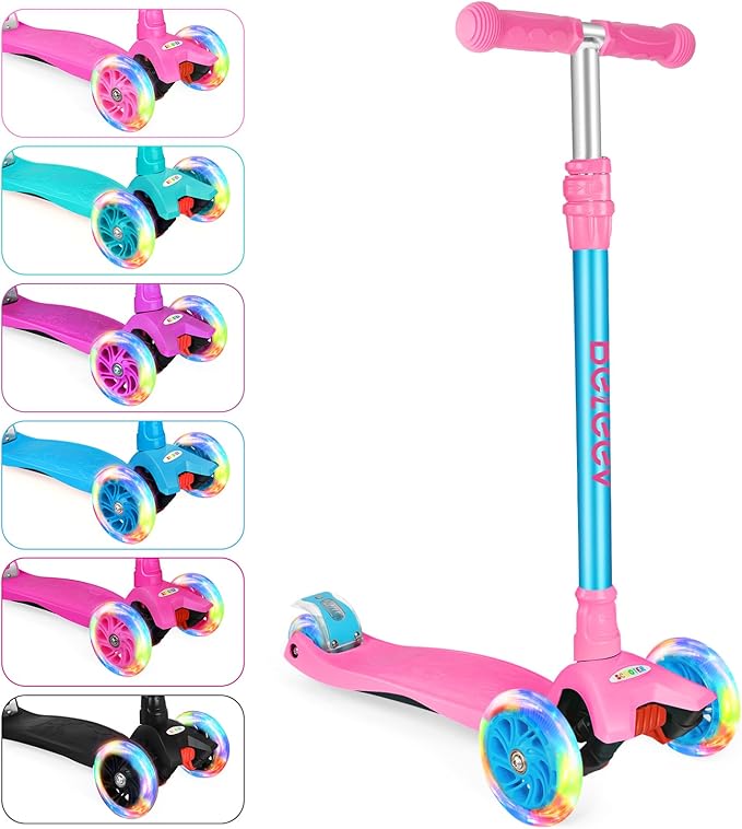 BELEEV Scooters for Kids 3 Wheel Kick Scooter for Toddlers Girls Boys, 4 Adjustable Height, Lean to Steer, Light up Wheels, Extra-Wide Deck, Easy to Assemble for Children Ages 3-12 (Rose Pink)