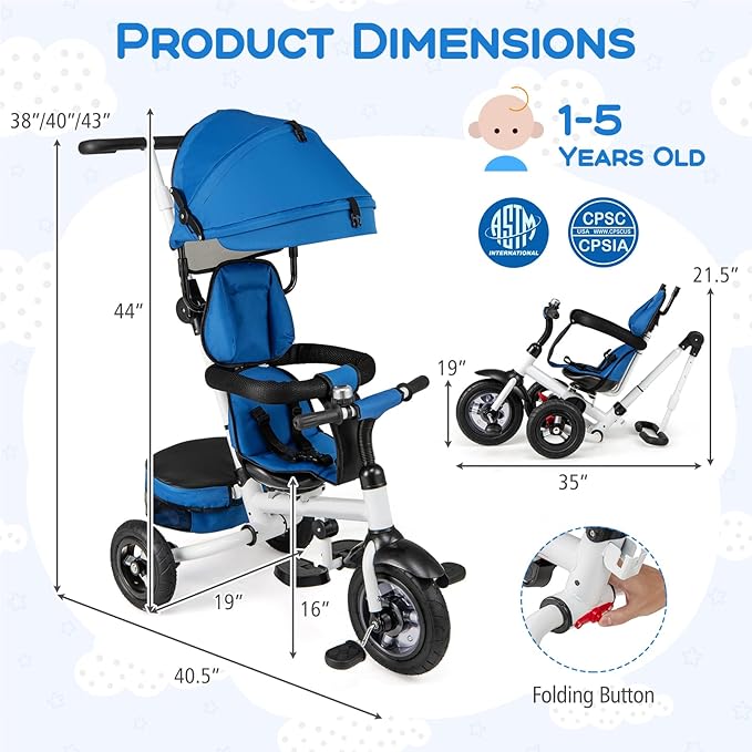 Costzon 5-in-1 Folding Kids Tricycle with Adjustable Push Handle & Canopy, Reversible Seat and Safety Harness, Push Trike with Storage for Toddler Aged 1-5 Years Old, Blue/Gray/Pink