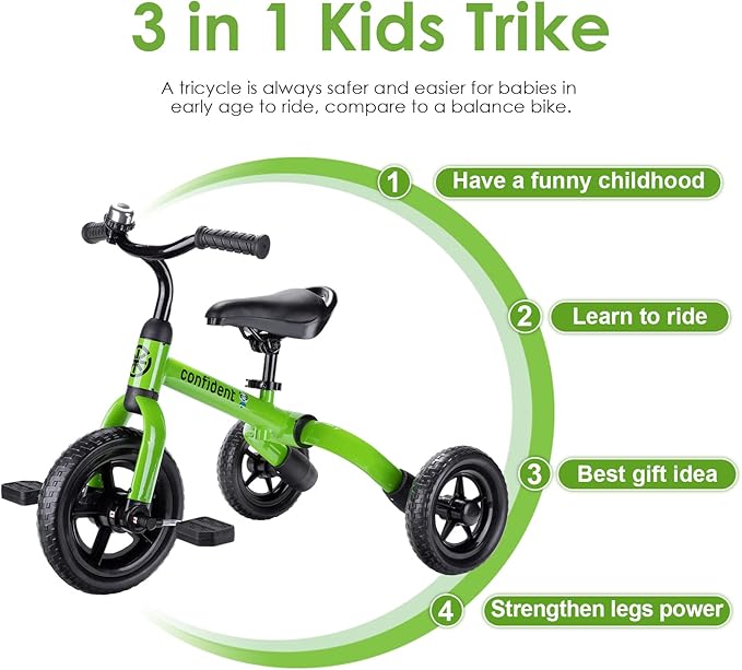 YGJT 3 in 1 Tricycle for Toddlers Age 2-5 Years Old, Folding Kids Balance Bikes with Adjustable Seat and Removable Pedal, Ride-on Toys for Infant, Gift for Baby Boys Girls Birthday(Green)