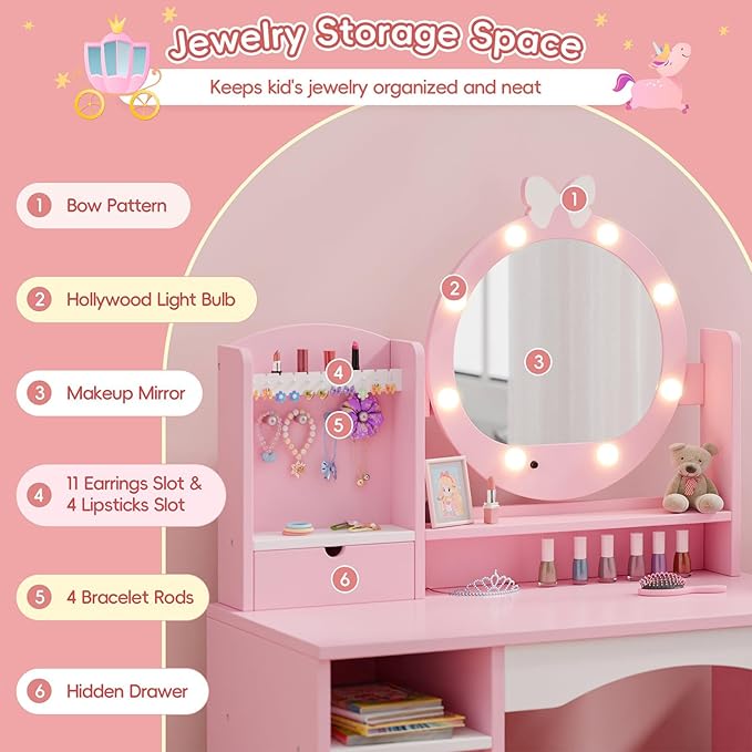 MU Kids Vanity Table and Chair Set – Princess Girls Vanity Set with Mirror, Lights, Jewelry Storage, and Cushioned Stool, Toddler Makeup Vanity for Little Girls (Pink)
