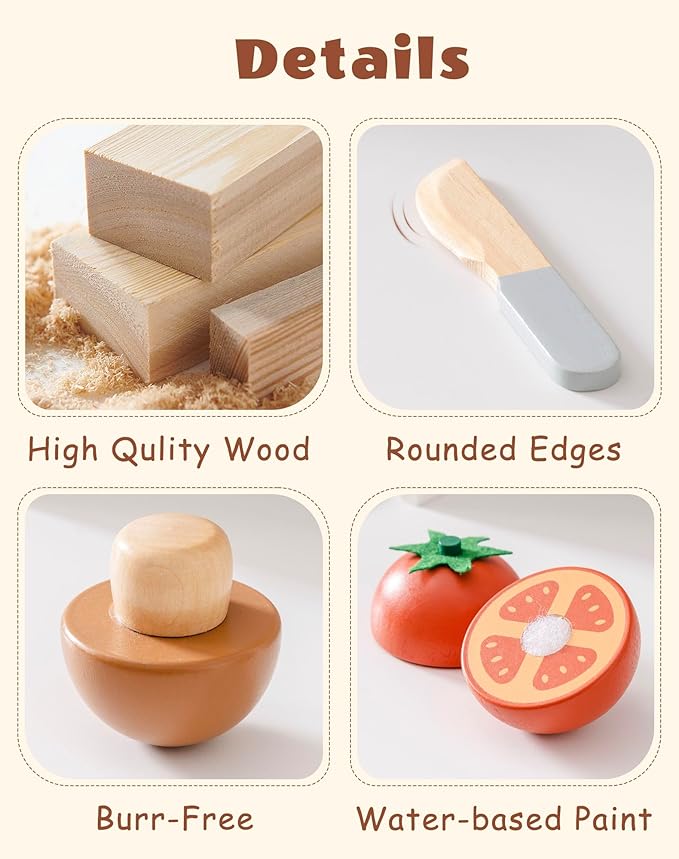 ROBUD Wooden Toy Food Set, Cutting Play Food for Kids Kitchen Accessories Pretend Toy Food Playset with Storage Bag, Toys Gifts for Girls Boys Age 3+, Vegetable Set