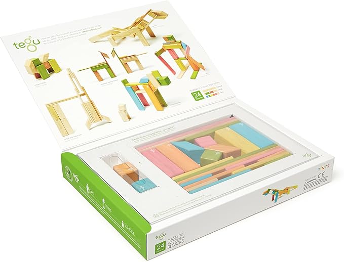 24 Piece Tegu Magnetic Wooden Block Set, Tints, 1-99 years old
