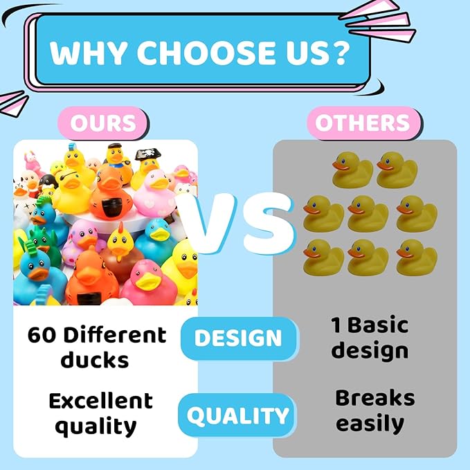 60 Pack Rubber Ducks for Jeeps 2.3 Inch Bulk Floater Jeeps Ducks for Ducking Assortment Mini Rubber Duckies for Toddler Baby Bath Toys Birthday Gifts Party Favors