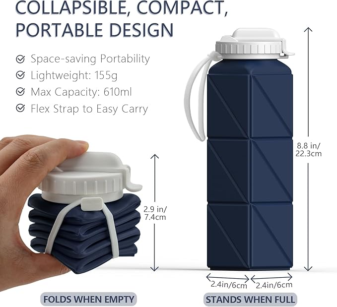 Collapsible Water Bottles with Straw 20.6oz, Silicone Foldable Portable Water Bottle, Lightweight Reusable Leakproof for Travel Camping Hiking Cycling Yoga Sports, 1 Pack (Dark Blue)
