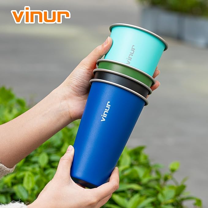 VINUR 4 Pack Stainless Steel Cups 20 oz Pint Tumbler Stackable Metal Drinking Glasses for Travel, Camping, Outdoors (Green-Black-Teal-Navy)