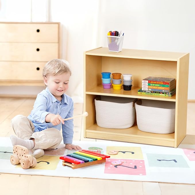 OOOK Montessori Toy Shelf, 2-Tier Wooden Storage Shelf for Kids, Modern Style, Kids Bookshelf and Toy Storage, Classroom, Kindergarten, Playroom, Daycare Center