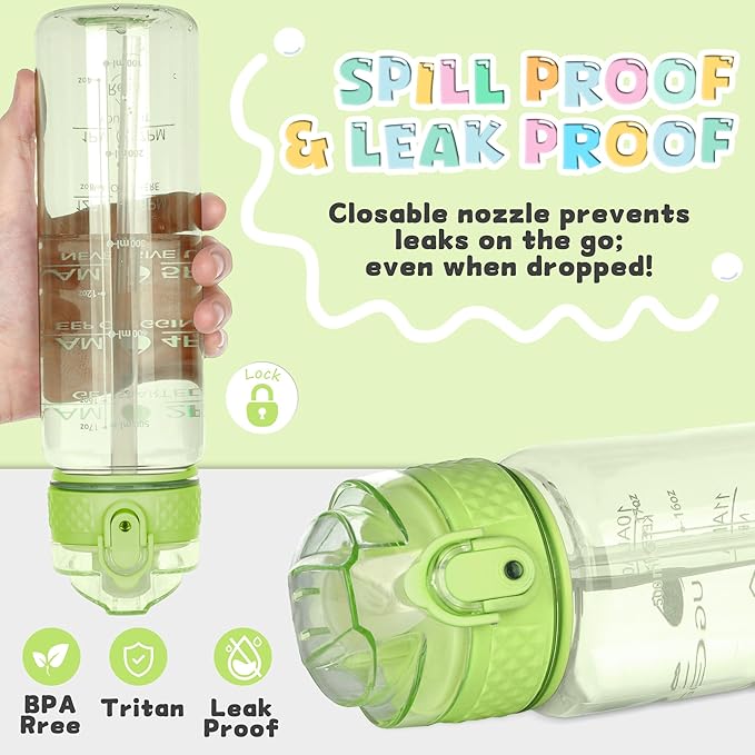 OLDLEY 17oz Kids Motivational Water Bottle, Leak-Proof Tritan BPA-Free, Reusable for School Girls & Boys, Silicone Straw, Parrott Green