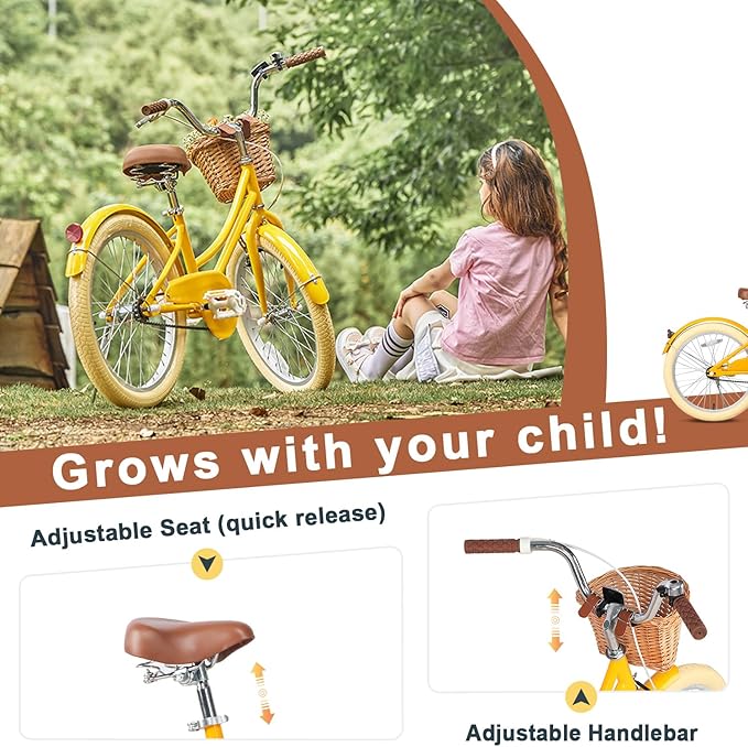 Glerc Little Molly 12-20 Inch Kids Retro Cruiser Bike for 2-13 Year Old with Wicker Basket & Training Wheels/Kickstand, Multiple Colors