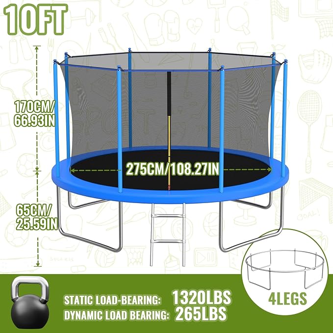 10FT/12FT/14FT Trampoline for Kids and Adults - Outdoor Trampoline with Safety Net - Anti Rust - ASTM Approved - Blue