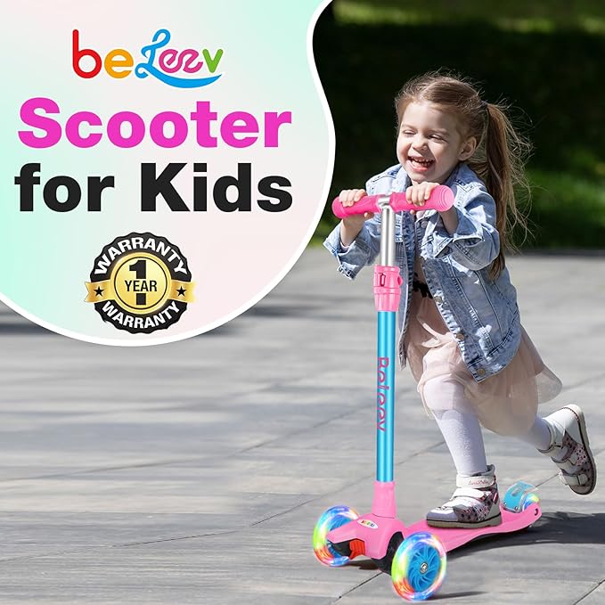 BELEEV Scooters for Kids 3 Wheel Kick Scooter for Toddlers Girls Boys, 4 Adjustable Height, Lean to Steer, Light up Wheels, Extra-Wide Deck, Easy to Assemble for Children Ages 3-12 (Rose Pink)